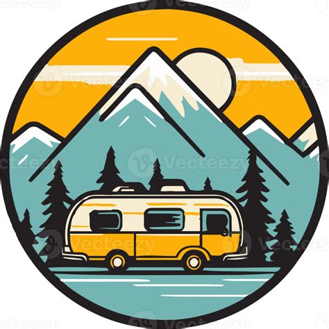 Hand Drawn Vintage Camping Van Logo In Flat Line Art Style 24787108 Png