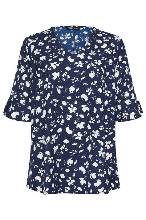 Yours Plus Size Navy Blue Floral Print Swing Top Yours Clothing