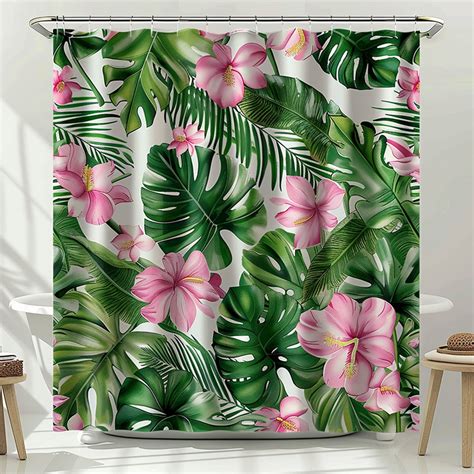 Tropical Rainforest Shower Curtain With Pink Flowers And Green Leaves