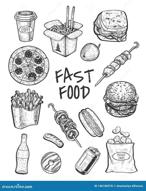 Hand Drawn Fast Food Set Menu Sketch Stock Vector Illustration Of