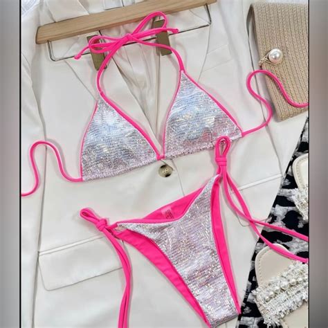 Dastash Swim Nwt Sz Med Rhinestone Glitter Sparkle Hot Pink Bathing Swim Suit Bikini