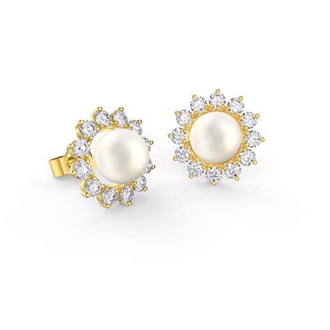 Fusion Akoya Pearl 18k Yellow Gold Stud Diamond Starburst Earrings Halo