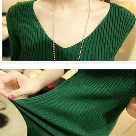 Spritechtm Fashion Sex Women Slim V Neck Backless Knit Long Sleeve Pullover Base Sweater Green