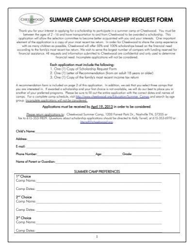 SUMMER CAMP SCHOLARSHIP REQUEST FORM