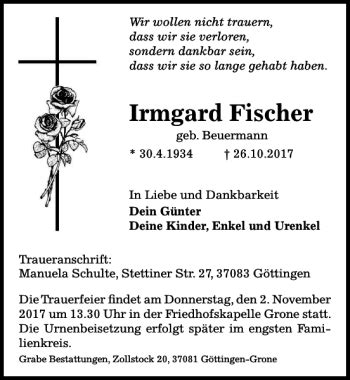 Traueranzeigen Von Irmgard Fischer Trauer Anzeigen De