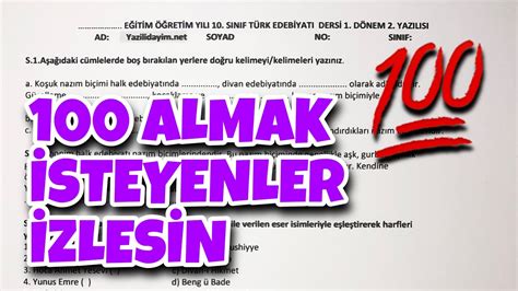 10 Sınıf Edebiyat 1 Dönem 2 Yazılı YouTube