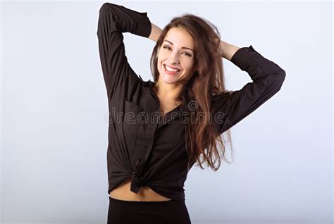 Happy Toothy Enjoying Smiling Woman Posing In Black Shirt Standing And