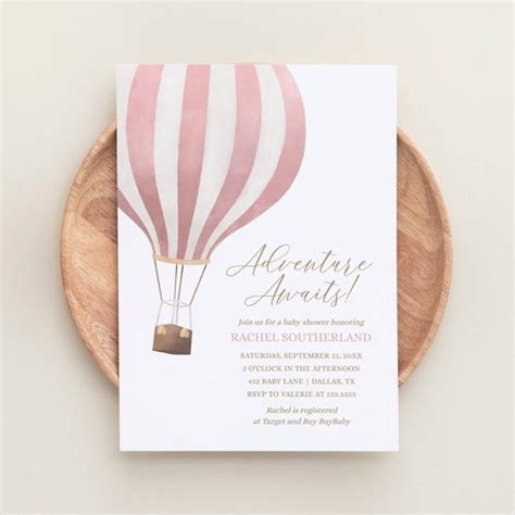 Editable Adventure Awaits Baby Shower Invitation Pink Hot Air Etsy