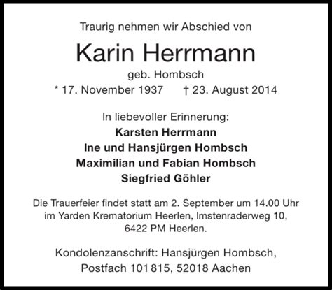 Traueranzeigen Von Karin Herrmann Aachen Gedenkt