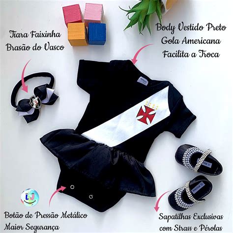 Kit 3 Peças Bebê Menina Vasco Preto Body Sapatilha Tiara Elo7