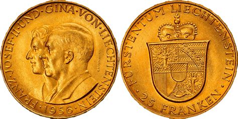 Liechtenstein 25 Franken 1956 Münze Prince Franz Josef II VZ Gold