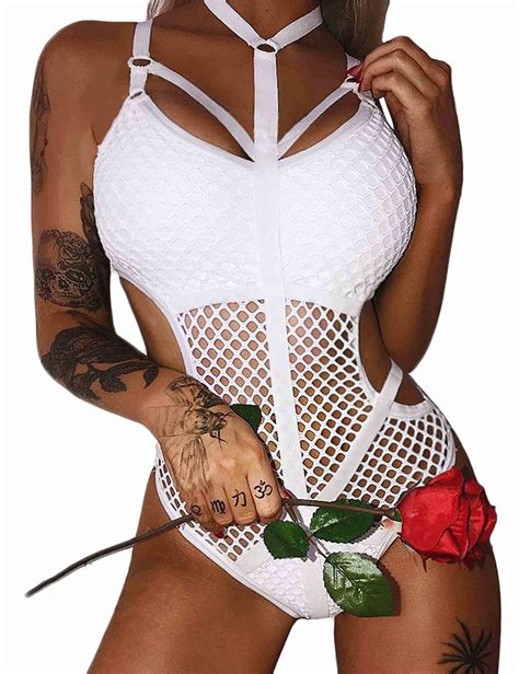 Dewinya Sexy Lingerie Set One Piece Fishnet Strappy Cutout Waist Gothic Bodysuit With
