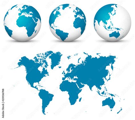 Blue 3D Earth / Globe Set. World Vector Collection with Flat Undistorted 2D Earth Map in Blue ...