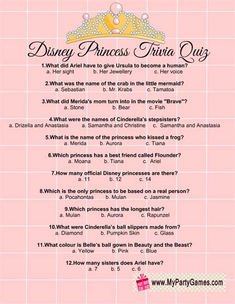 Free Printable Disney Princesses Trivia Quiz