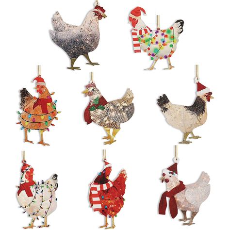 8 Pcs Christmas Chicken Ornaments Set Chicken With Christmas Scarf Decor Ornaments