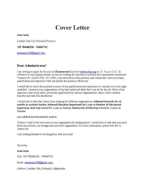 Cover Letter Of Enumerator Pdf