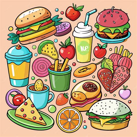 Ilustração de comida de desenho animado colorido com hambúrgueres pizza ...
