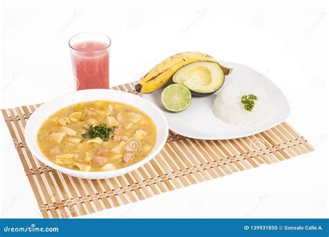 Tasty Typical Colombian Food; Mondongo of Soup with Avocado, Banana and White Rice Stock Photo ...