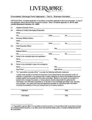 Fillable Online Groundwater Discharge Permit ApplicationPart ABusiness