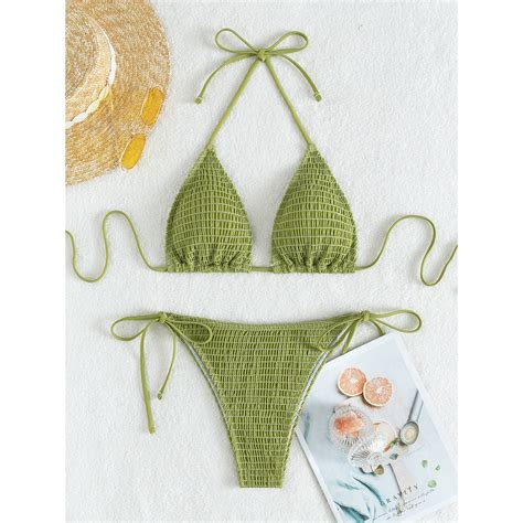 Women Swimsuit Grass Green Color Halter Fold Cup Two Piece Bikini Swimwear Shopee Philippines