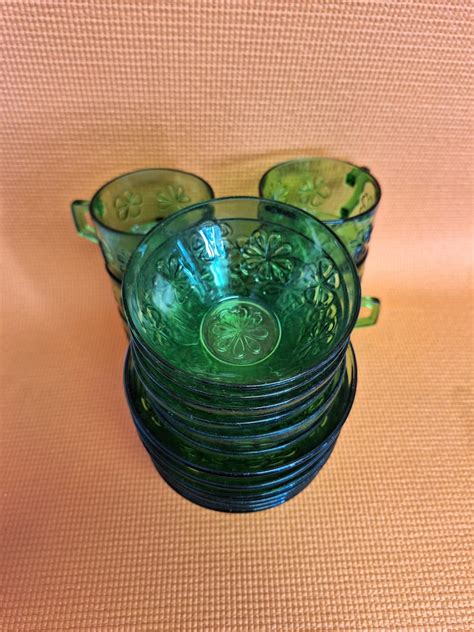 Vintage Daisy Green Glass Dinnerware Set Stamped France 42 Pieces