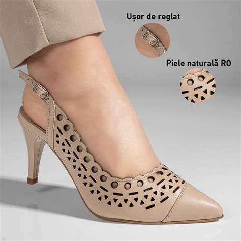 Sandale Dama Perforate Cu Toc Subtire Bej Din Piele Naturala Mod