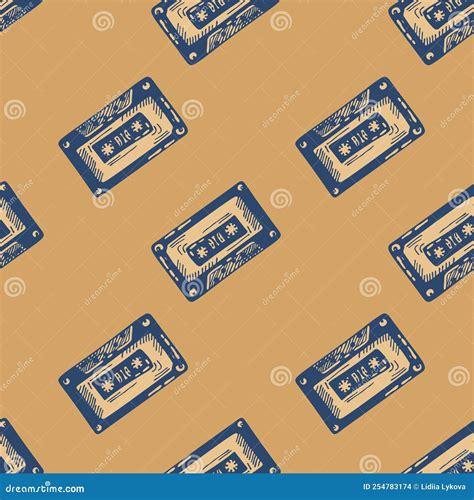 Audio Cassette Tape Engraved Seamless Pattern. Vintage Music Cassette