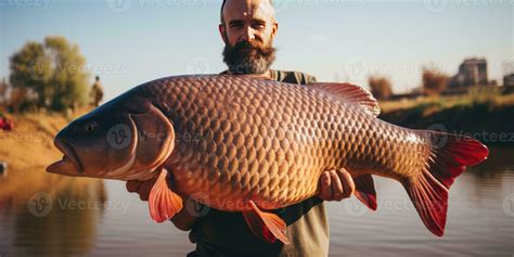 A man holds huge fish in his hands. The theme of recreation and fishing