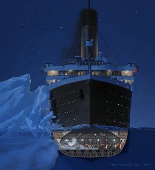 The Titanic hitting the iceberg as painted by Ken... : for those in peril