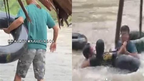 Viral Aksi Heroik Seorang Pemuda Menyelamatkan Korban Banjir Bandang