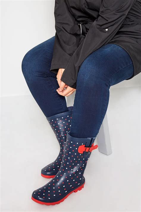 Navy And Red Polka Dot Wellies In Extra Wide Fit Yours Clothing