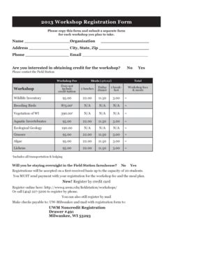 Fillable Online Www4 Uwm 2013 Workshop Registration Form UW Milwaukee