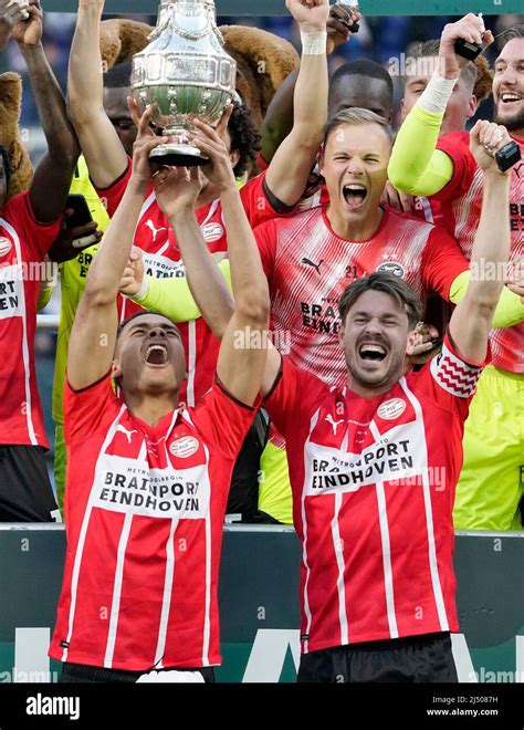 Cody Gakpo Of PSV And Marco Van Ginkel Of PSV Celebrating With The Cup