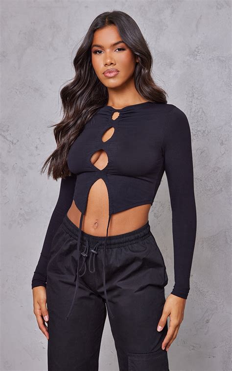 Black Jersey Drawstring Ruched Cut Out Crop Top Prettylittlething Usa