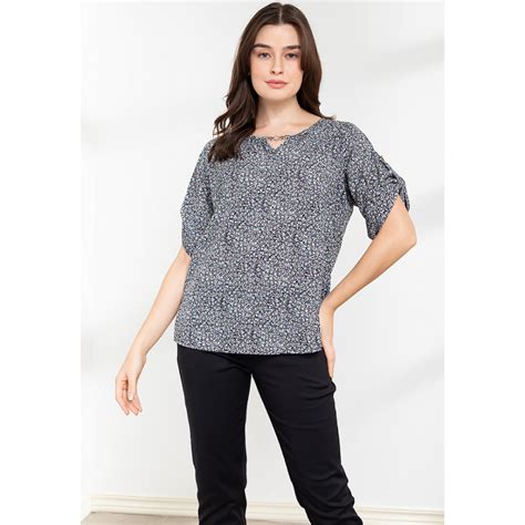 Krizia Roll Tab Sleeves Printed Blouse With Neck Detail Shopee