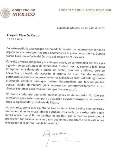 López Obrador Muestra La Carta Que Le Envió Al Abogado De García Luna