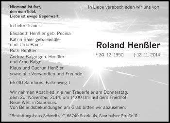 Traueranzeigen von Roland Henßler Saarbruecker Zeitung Trauer de