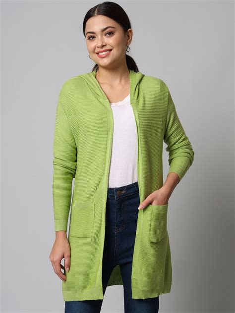 Buy BROOWL Women Green Striped Longline Shrug Shrug For Women