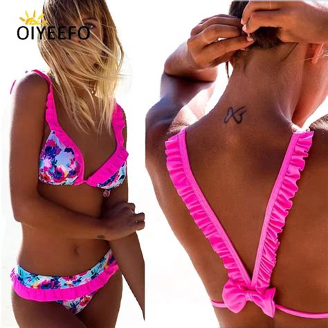 Oiyeefo New Shiny Beach May Bright Pink Ruffle Bikini Frilly Swimsuit