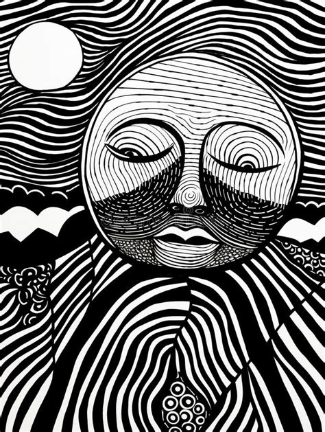 Black And White Psychedelic Ink Illustration Featuring A Central Face