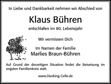 Traueranzeigen Von Klaus B Hren Trauerportal Der Celleschen Zeitung