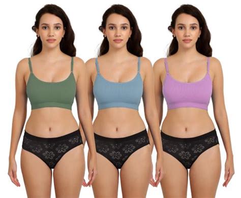 Buy In Curve Women S Green Blue Purple Cotton Bra Panty Set For Lingerie Set Undergarments
