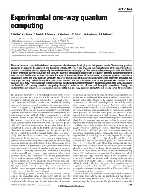 Pdf Experimental One Way Quantum Computing