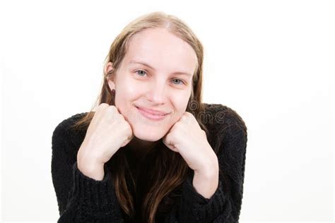 Pretty Blond Woman Portrait Smile Joyful Girl Blonde Hairs Long Looking With Satisfaction At