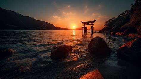 Tori Tori Gate Stands Beside A Beach At Sunset Background, Bentenjima Sunset And Torii, Vertical ...