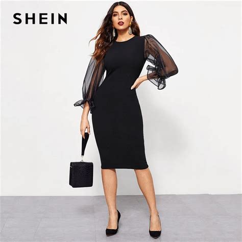 Shein Black Elegant Contrast Mesh Sleeve Solid Bodycon Dress 2019