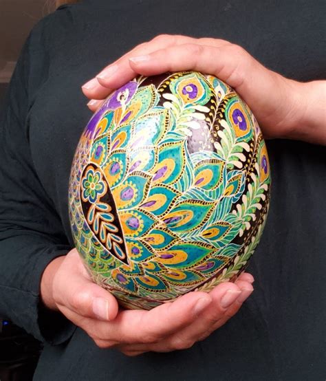 Ostrich Egg Pysanka Peacock Design Wedding Egg Hand Painted Real