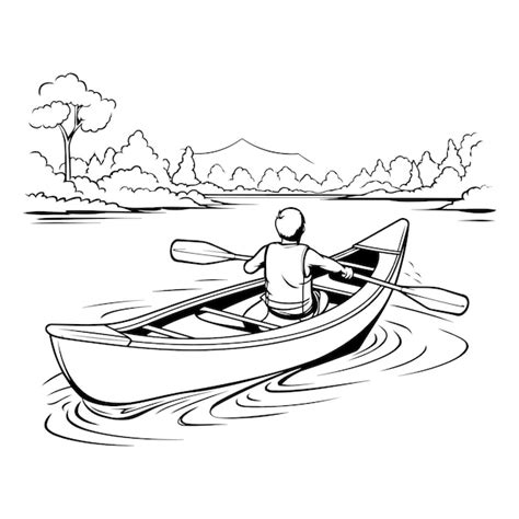 Hombre Remando Un Barco En El Lago Ilustraci N Vectorial En Blanco Y