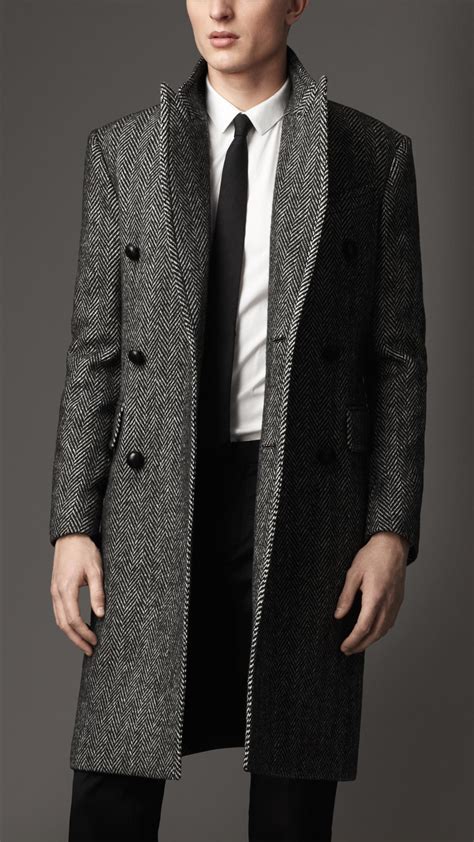 Burberry Herringbone Lambswool Coat In Gray For Men Lyst