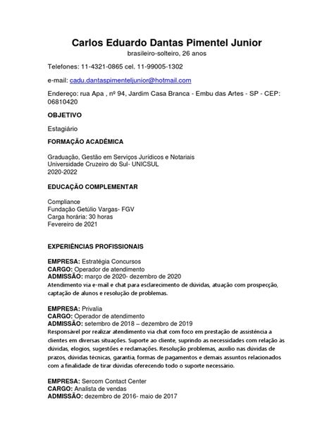 Currículo Para Estágio Pdf - Currículo para Estágio | PDF